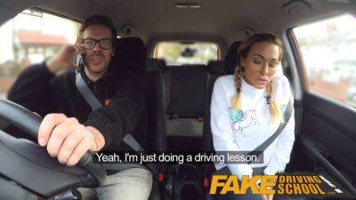 Bunny - Busty gym bunny takes a hard cock in her fake driving school ride - sexu.com - Britain